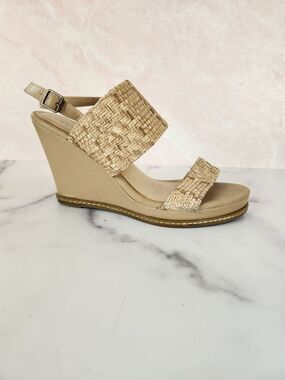 Bamboo womens size 8 open toe wide strap wedge high heel natural light wood colo